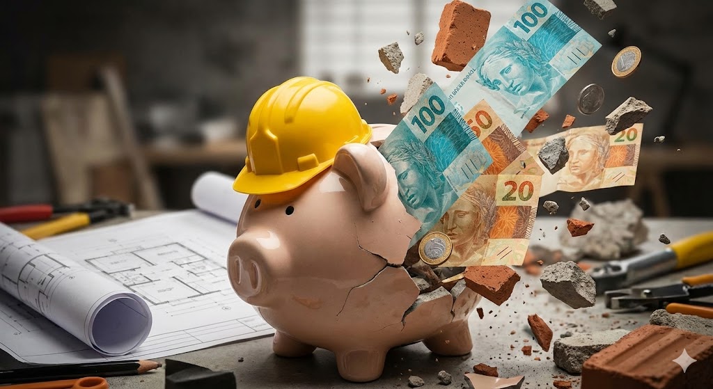 Cofrinho de porquinho de cerâmica com capacete de obra amarelo explodindo, lançando notas de Reais, moedas e entulho sobre uma planta de engenharia, ilustrando o estouro do orçamento na construção civil e prejuízos com custos extras.